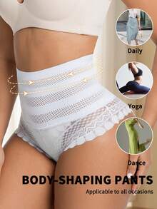 Women's Comfortable Lace Trim High Waist Compression Shapewear Panties - White - View 4