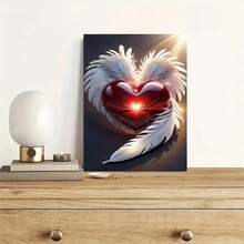 1Pc [2D Flat] 12x18in(30x45cm) Four Sizes Available Canvas Wall Art Posters A Wooden Framed Retro  Wing Feather Red Heart-Shaped Decorative Painting, Modern Minimalist New Year's Eve/New Year Celebrations Christian Gifts Valentine's Day Gifts Christmas Gifts  For Living Rooms And Bedrooms, Wall Decoration Items Measuring Office, Living Room, Kitchen Perfect Gift Idea Home Decor Interior Design - Elegant Christmas & Year-Round Decor, Wrap-Around Canvas Frame - Đỏ và trắng - Xem 2