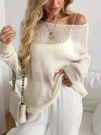 Women Solid Color Ribbed Knit Fabric Tops, Summer, Going Out Tops, Long Sleeve Tops, Jumpers, Suitable For Beach, Vacation, Spring, Autumn