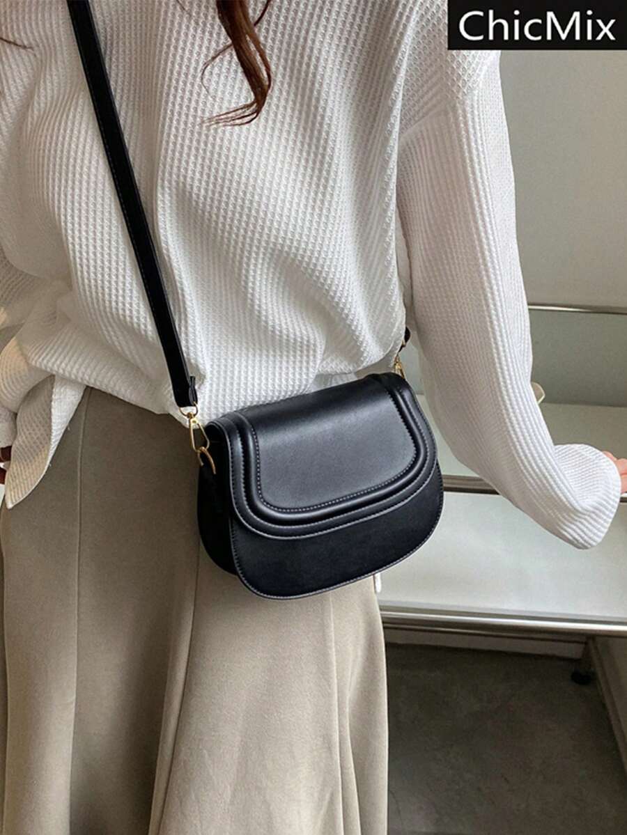 Mini Minimalist Flap Saddle Bag , Small Bags - Black - View 1