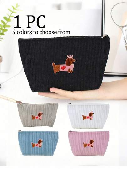 Large Capacity Travel Makeup Bag, Adorned With Cute Dachshund Pattern - Made Of Corduroy Material, Spacious Zippered Toiletry Bag With Makeup Brush Holder - Elegant Unisex Cosmetic Bag, Perfect Gift For Dog Lovers (Black Color, Multiple Colors Available), Travel Makeup Bag, Playful Design, Soft Texture, Cosmetic Bag, Toiletry Bag, Pencil Case Make Up Organizer
