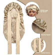 Bonnn Largo cap satn con Corbata para Mujer Banda elstica de Color slido durmiendo Longitud Larga botn Ajustable Trenza Nocturna Bonnn - Aire - Ver 8