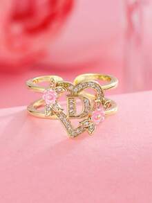 1 pieza Anillo con inicial de flor en tono dorado A-Z con corazón de circonita cúbica, anillo abierto ajustable para mujeres, joyería de regalo de cumpleaños personalizada - Amarillo Oro - Ver 6