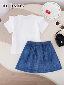 [Printed Effect, Non-Denim] Young Girl Casual Solid Color Knit Striped Letter & Fruit Print Short Sleeve Crew Neck Pullover Paired With Denim Effect Elastic Waist Symmetrical Bow Knit Skirt, Suitable For Daily, Home, Outdoor, Sports, Spring/Summer Girls Skirt Set - Blue and White - View 3
