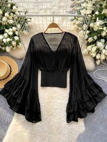 Women's Deep V-Neck Long Ruffle Sleeve Black Chiffon Blouse, Polyester Sheer Top - Black - View 1