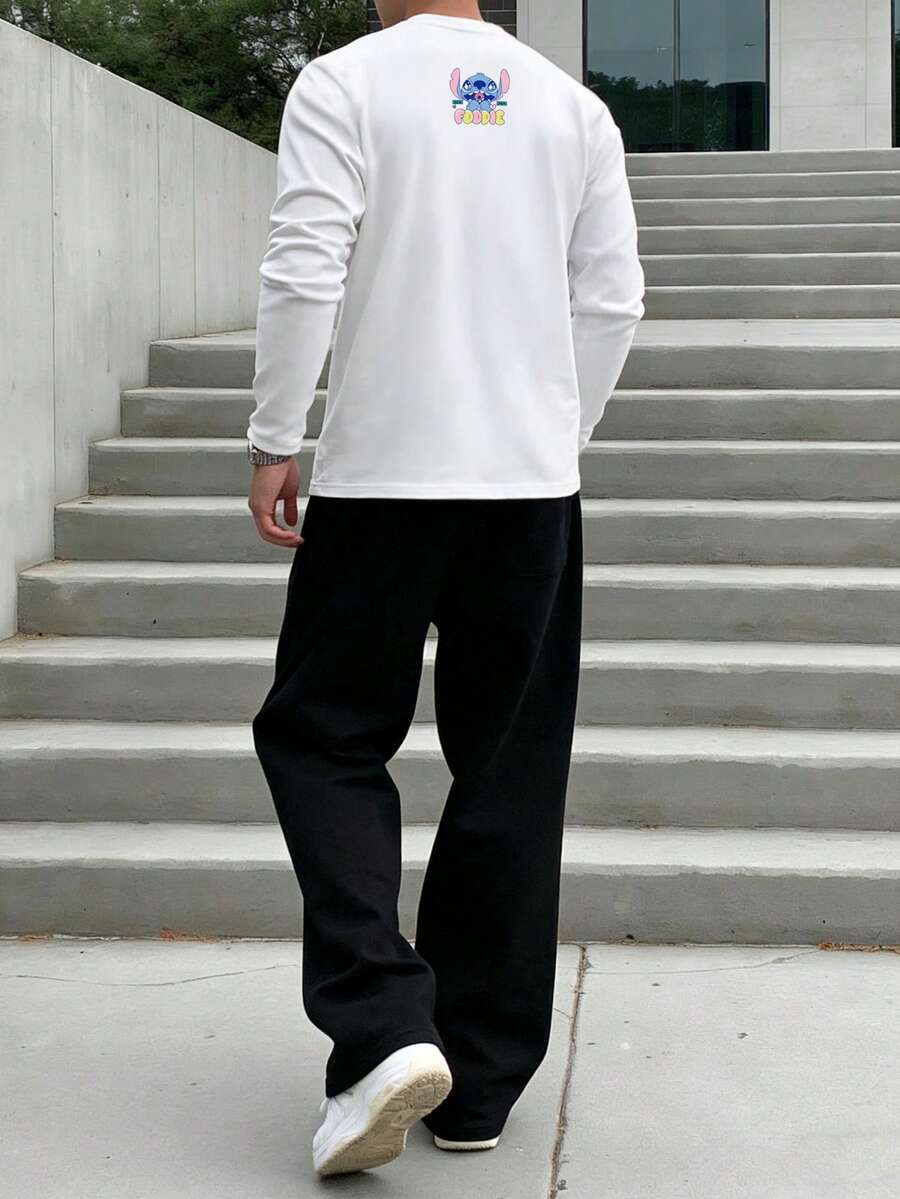 Disney طقم تيشيرت بأكمام طويلة وبنطال فضفاض واسع، مميز بتصميم ألوان سادة وطباعة رسومات خياطة، طراز كاجوال مناسب للارتداء اليومي والجري وغيرها من المناسبات، متعدد الاستخدامات للربيع والخريف