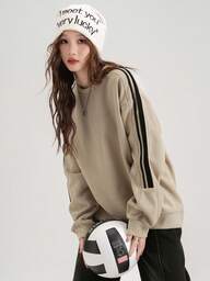 2025年新作 秋 コントラストカラー サイドストライプ シンプル ラウンドネック レディーススウェットシャツ、カジュアル ストリート ヴィンテージスタイル