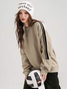 2025新款秋季撞色侧条纹简约圆领卫衣女装，休闲街头复古风格