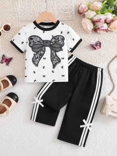 2pcs/Set Baby Girls' Fashion European & American Style Summer Outfit, Bow Print Round Neck T-Shirt + Elastic Waist Striped Bow Tie Pants, Suitable For Party, Afternoon Tea, Vacation, Outdoor, Daily Wear, Comfortable, Soft, Breathable, Sporty