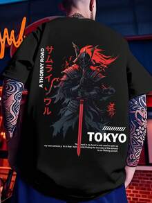 男士街头风宽松武士及英文印花圆领短袖T恤 | 精致设计 | 夏季必备 | 易于搭配 - 黑色 - 查看 3