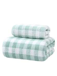 2pcs/Set Soft & Absorbent Plaid Coral Fleece Baby Towel & Bath Towel Set, Family Pack - Pink - View 3