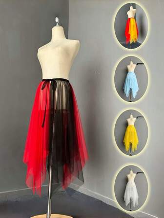 1 pezzo Gonna sovrapposta da donna, disponibile nei colori bianco, nero, rosso, rosa, azzurro chiaro, champagne, giallo, rosso e nero, patchwork rosso e giallo, orlo asimmetrico, fluida, adatta per matrimoni, feste, performance, abiti da sposa, damigelle, spettacoli, cosplay, viaggi, danza, festival