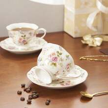 Gold Trimmed Bone China Coffee Cup & Saucer Set, Spring Floral Pattern, Premium Afternoon Tea Cup & Saucer