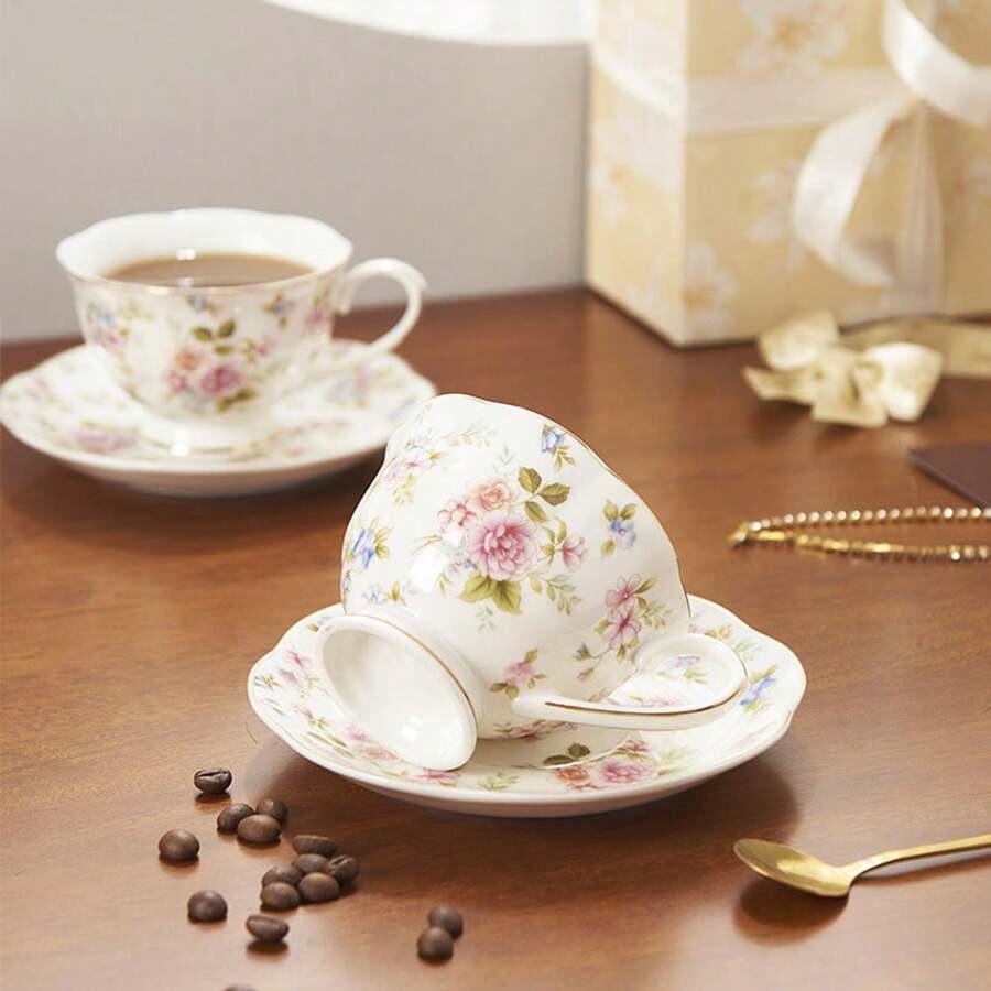 Gold Trimmed Bone China Coffee Cup & Saucer Set, Spring Floral Pattern, Premium Afternoon Tea Cup & Saucer