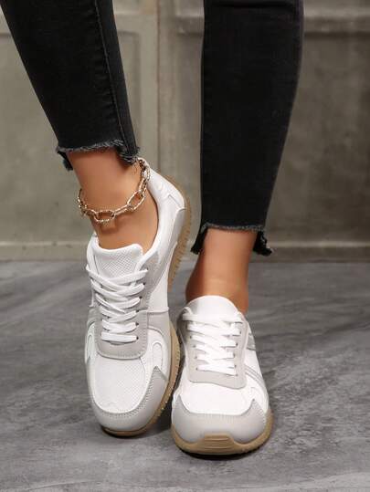 Zapatillas casuales de mujer con bloques de color, zapatos planos cómodos, transpirables y versátiles, adecuados para caminar, ir al trabajo, uso estudiantil, zapatos de skate con cordones, zapatillas de tenis, tallas 36-42