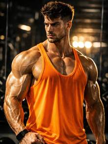 男士健身背心 肌肉贴身 露背训练 无袖运动衫 - 橘色 - 查看 4