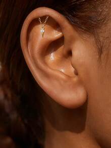 1 pieza Pendientes de cartílago de plata de ley 925 para mujeres, pendientes de espalda plana con cadena, pendientes de cartílago con CZ hipoalergénicos, regalo de joyería para perforación de daith, concha, trago y hélice para mujeres - Dorado - Ver 3