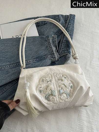 Fashionable Solid Color Pleated Cloud Shoulder Bag, Embroidered Tassel One Shoulder Bag, Suitable For Shopping, Wallet Carrying, Casual Outings, Especially Suitable For Young Women, College Students, Career Starters, And White-Collar Professionals. Also Very Suitable For Office, University, Work, Business, Commuting, Outdoor, Travel And Picnic Occasions.