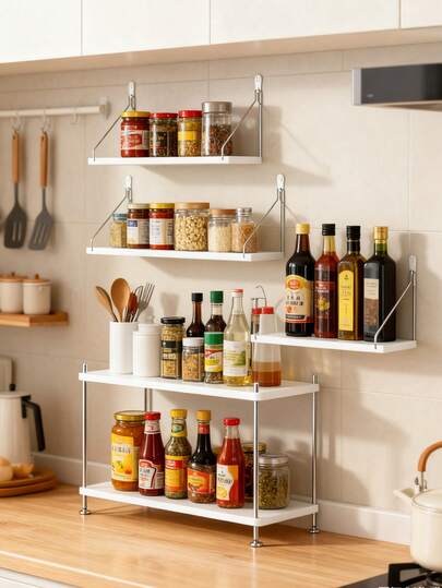 1pc Spacious 30cm/40cm/50cm Modern Minimalist Wood And Metal White/Black Floating Wall Shelf With Unique Bracket Details, Functional Storage For Beverages And Daily Essentials, Wall-Mounted Organizer And Display Unit, Suitable For Home And Year-Round Living Scenarios