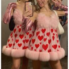 Women Spaghetti Strap Heart Mini Dress Y2K Sleeveless Faux Fur Fuzzy Trim Flowy Dress Cute Holiday Party Dresses - 粉色 - 查看 2