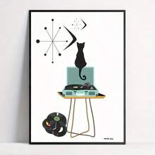 1pc Unframed Canvas Posters, Atomic Cat, Retro Wall Arts, White, Black, Mid Century Modern Record Player Poster Wall Art For Living Room, Wall Decor For Bedroom, Home Decor Room Decor - Multicolor - View 6