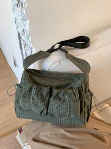 Lightweight Foldable Plaid Shoulder Bag, Casual Versatile Multi-Pocket Sweet Style Crossbody Bag, Suitable For School, College, Shopping, Short Trip, Zipper Closure, Drawstring, Pleated Crescent Design - Multicolor - View 15