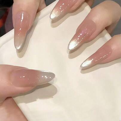 30片杏仁形美甲贴片，渐变猫眼可爱时尚法式/韩式美甲贴纸，新款时尚美甲贴片，包含1片果冻胶和1片防滑贴纸，适合派对、舞会、日常休闲佩戴，可重复使用且可卸除，美甲用品