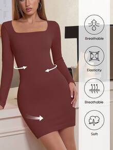 Women's Black Bodycon Dress, Square Neck Ribbed Long Sleeve Fitted Mini Dress