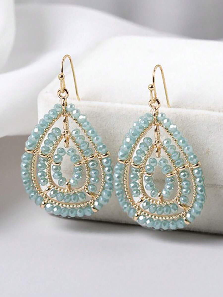 1 Pair Handmade Beaded Glass Bead Teardrop & Round Bohemian Style Earrings, Luxury Quality In Grey, Black, Green, Pink, White, Orange, Purple, Champagne Colors, Suitable For Daily, Vacation, Party Wear, Gift - Green - View 1