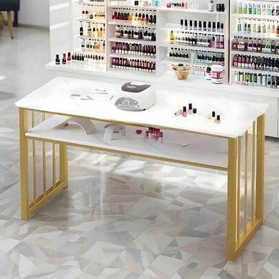マニキュアテーブル ネイル サロン デスク ネイルアートテーブル ネイルメイク作業台 大理石 幅広いワーキングスペース ダブルレイヤー収納構造で、ネイル用品やツールをスマートに整理できます 丸みを帯びたコーナー加工 丈夫な金属フレームに補強パイプを追加し、重い機器を載せてもボコボコすることなく、安定した使用を実現 ネイルサロン イベントブース(80*40*76cm ゴールド)