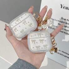 1个时尚苹果耳机保护套，白色3D珍珠蝴蝶结装饰，蝴蝶结元素，带蝴蝶结吊坠，防震，保护，防尘，时尚优雅，适合青少年和年轻人，适合日常使用和送礼。 - 白色 - 查看 6