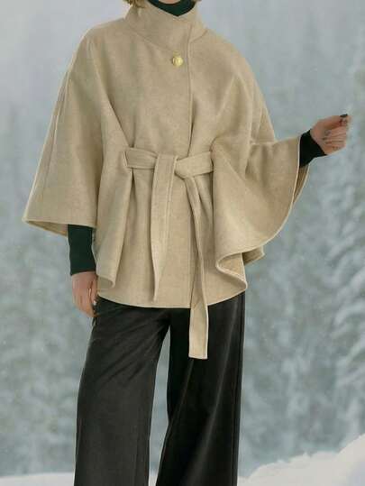 OUTTA BOX 收腰无袖立领宽松羊毛混纺米色休闲优雅女士斗篷外套，适合日常穿着、聚会、派对、春季、冬季、情人节等场合。