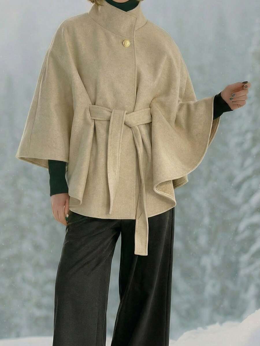 OUTTA BOX 收腰无袖立领宽松羊毛混纺米色休闲优雅女士斗篷外套，适合日常穿着、聚会、派对、春季、冬季、情人节等场合。 - 米色 - 查看 1