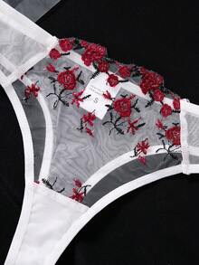 两件套女士迷人优雅樱花刺绣粉色花卉睡衣，半透明网纱镂空心形装饰女士两件套，舒适家居服可爱睡衣上衣 - 白色 - 查看 6