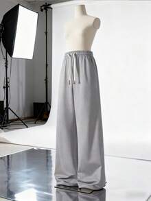 Women's Loose Fit Drawstring Waist Casual Wide Leg Pants, Everyday Wear - Light Grey - View 7