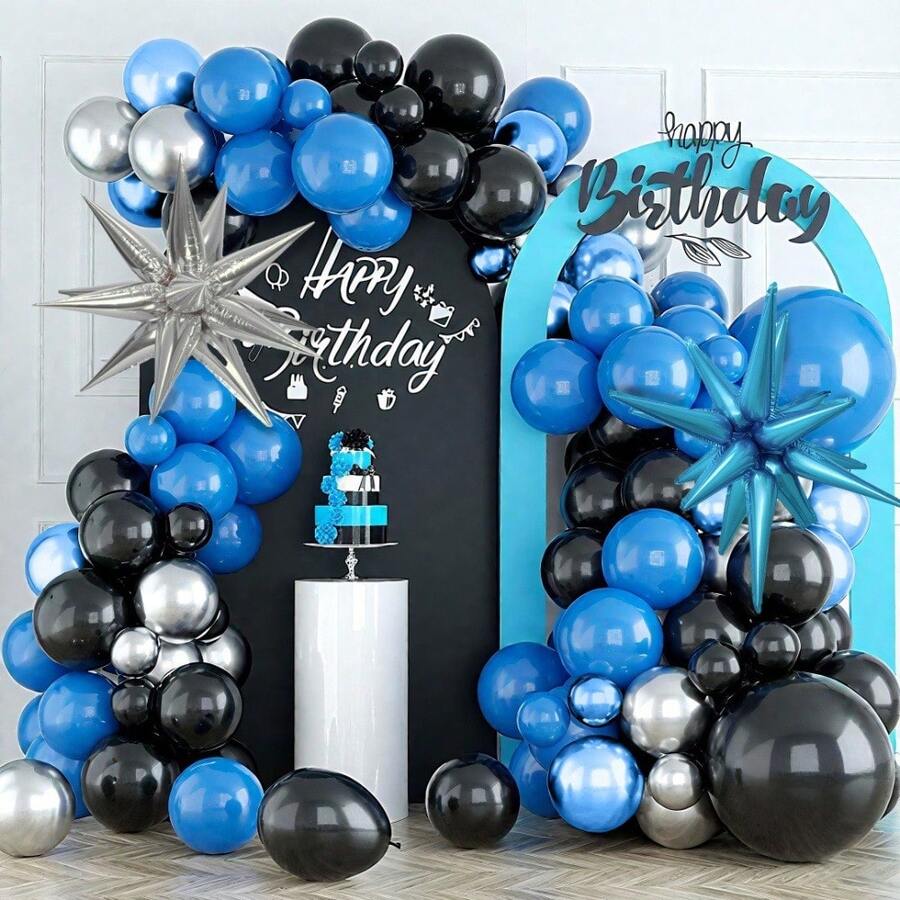 126套爆炸星球主题气球套装，包含哑光深蓝色气球、哑光黑色气球、金属银色气球、金属蓝色气球、蓝色爆炸星球气球、银色爆炸星球气球，可用于生日派对拱门、周年纪念拱门、派对装饰气球，适用于生日派对、周年纪念、订婚派对、婚礼派对等场合。 - 彩色 - 查看 1