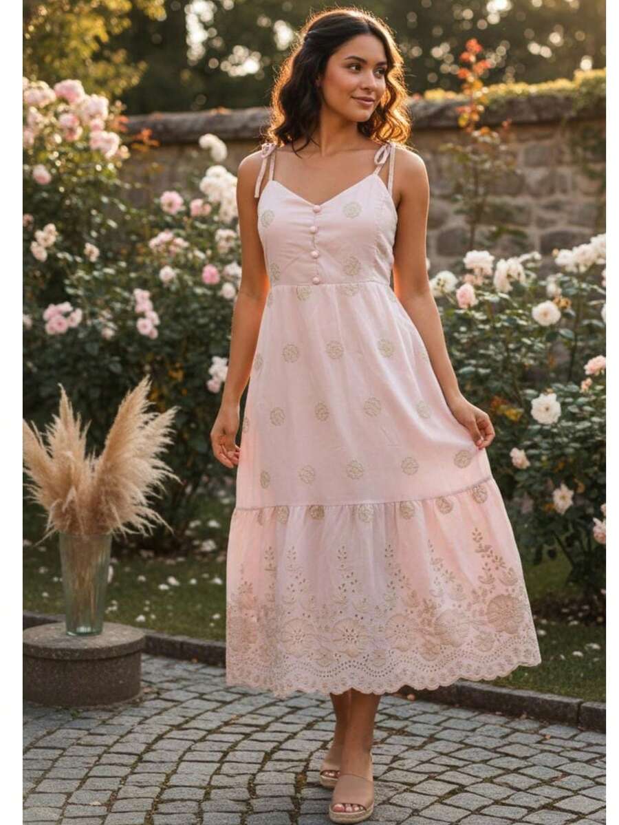 Women's Midi Dress With Tie Straps In Lace. - Rusty Rose - View 1