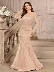 MIUSOL 优雅亮片花卉蕾丝长袖撞色网纱鱼尾正式派对长裙，适合正式晚宴、盛大庆典、婚礼宾客、毕业典礼及其他春季正式场合。 - 香檳色 - 查看 6