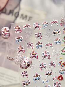 1片装 马年可爱粉色觉醒狮头绽放烟花节日5D美甲贴纸 中国新年按压式美甲贴 女士自粘式美甲装饰 春节假日庆祝美甲 - 彩色 - 查看 6