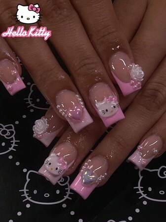  24PCS Short Square Fake Nail HelloKitty Pink French White Three-Dimensional Flower Valentine's Day Love Sanrio Pointed Nail Art Cute Chrome Alloy Acrylic Press Nail Nail Art Gel Nail Art Supplies Nail Art Set (Attached: A Piece Of Jelly Gel And File) Suitable For Women Daily Dating Party