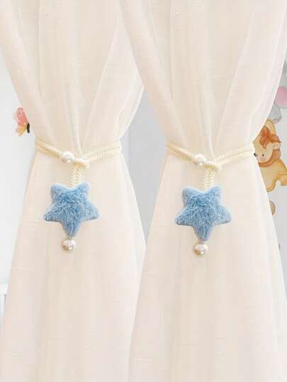 2个星形窗帘绑带，适合婴儿房和星空主题装饰 - 星形设计，绳结末端，可用于窗帘装饰和点缀窗户