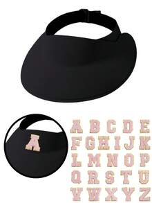 1顶春夏儿童尼龙透气遮阳帽，3色套装，含26个自粘刺绣字母贴纸，可调节户外防晒帽，DIY字母装饰时尚无帽檐帽，夏季降温帽 - 粉紅色(字母) - 查看 83