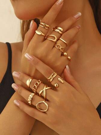 14 Pcs/Set Punk Rings Set For Women Vintage Geometric Rings Set Fashion Personalized Jewelry Gifts Match With Daily Outfits, Party Accessories