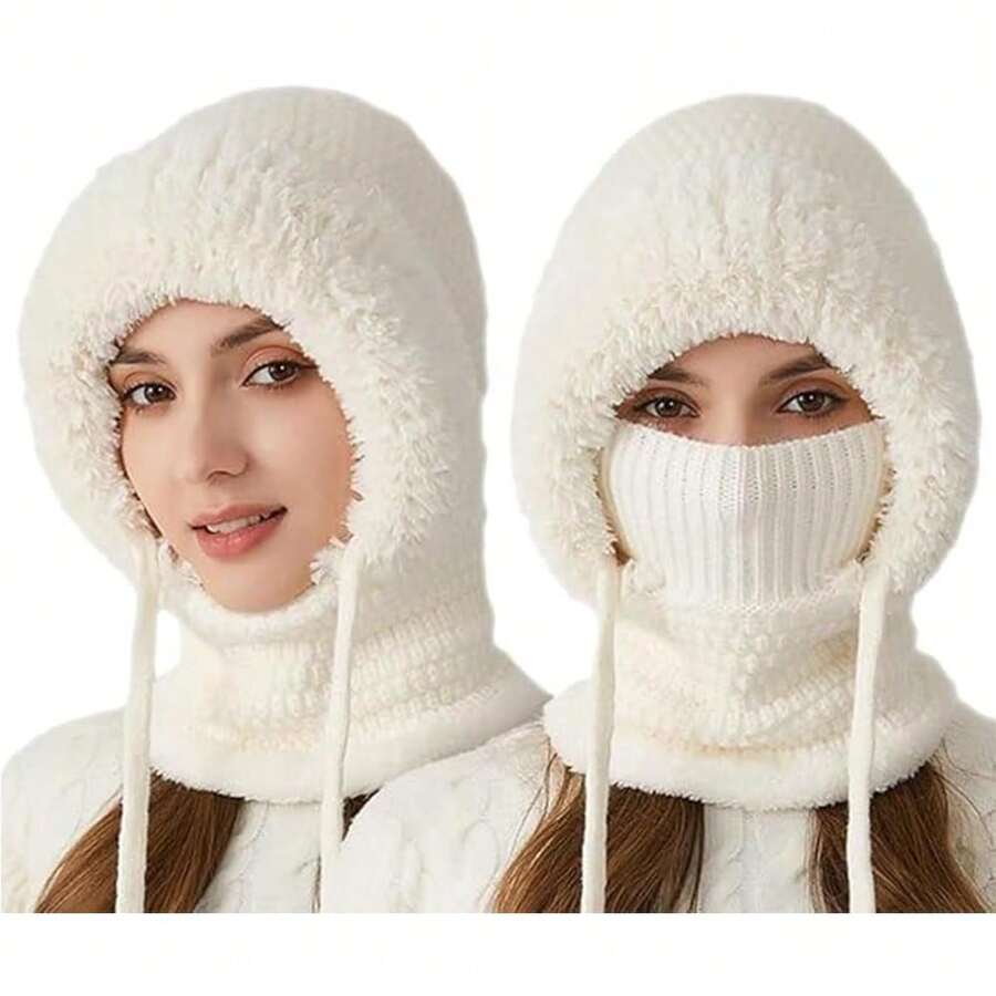 Genérico Women's 3 in 1 Beanie Hat Scarf Mask Set - Warm Knitted Winter Balaclava, Windproof Cold Resistant Outdoors Ski - Blanco - Ver 1