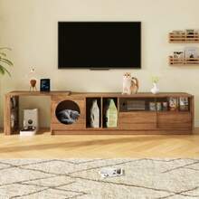 Mueble de TV giratorio moderno, multiusos y extensible, apto para mascotas, con puertas de cristal reforzado con acero, zona de descanso para gatos (sin cojín), color nogal, 180(+80)*40*50 cm - Color natural - Ver 3