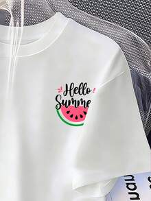 Tween Girls' Watermelon Letter Print Round Neck Casual Loose Short Sleeve T-Shirt - White - View 4