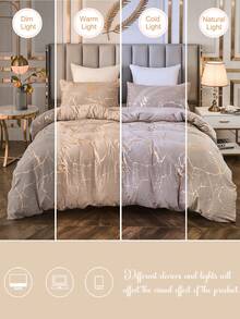 3件套纯色烫金闪光金属大理石纹被套套装（1条被子+2个枕套）柔软亲肤涤纶室内卧室被套套装，乡村复古风床上用品，宿舍装饰，美观床上用品，热门家纺