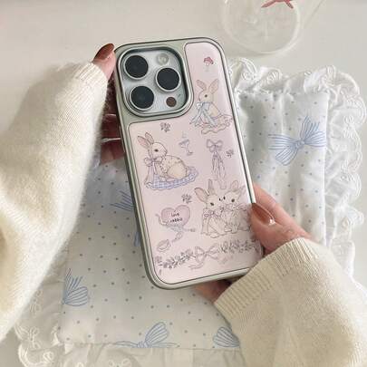 女孩可爱兔子图案手机壳，银色镶边，粉色亮片，适用于 17 Pro Max、16 Pro Max、15 Pro、14、13，时尚可爱，女孩必备。