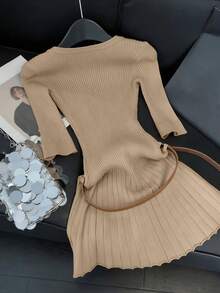 Bộ sưu tập dành cho nữ: Áo len ngắn dáng ôm màu kaki đơn giản, thanh lịch, đa năng, thích hợp mặc hàng ngày, cổ chữ V, vai thường, tay lỡ, màu trơn, chất liệu dệt kim, phù hợp cho ngày Valentine, mùa xuân hè. - Màu Khaki - Xem 4