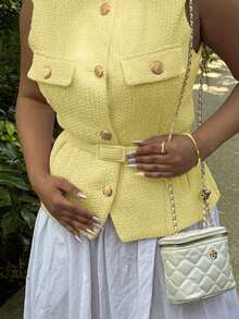 女士优雅无袖单排扣休闲时尚口袋装饰背心夏季 - 芥末黃 - 查看 5